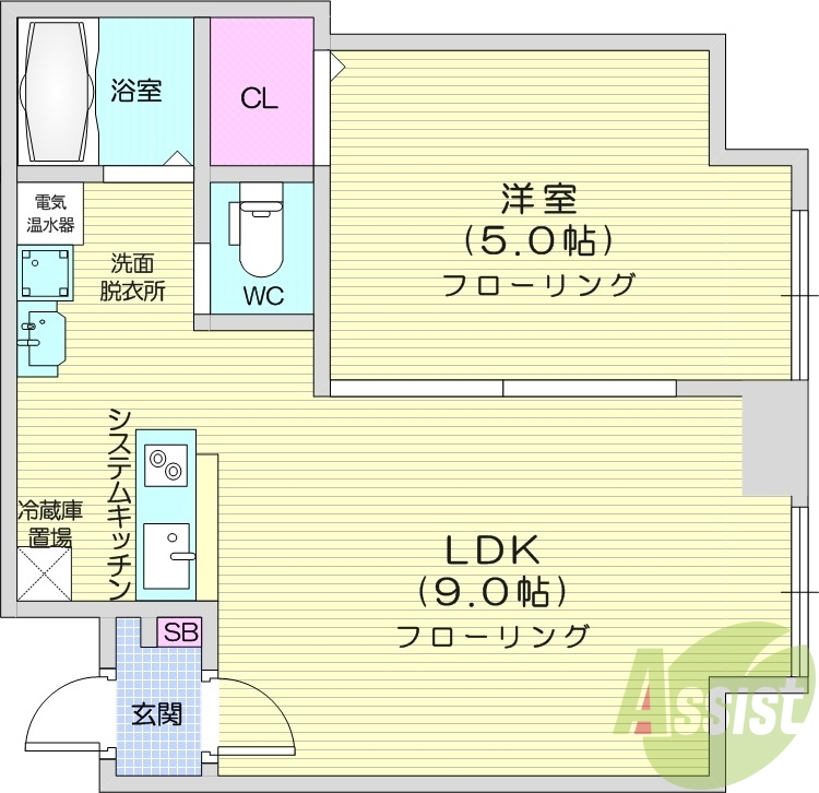 1LDK、オール電化、独立洗面台、モニタ付きインターホン