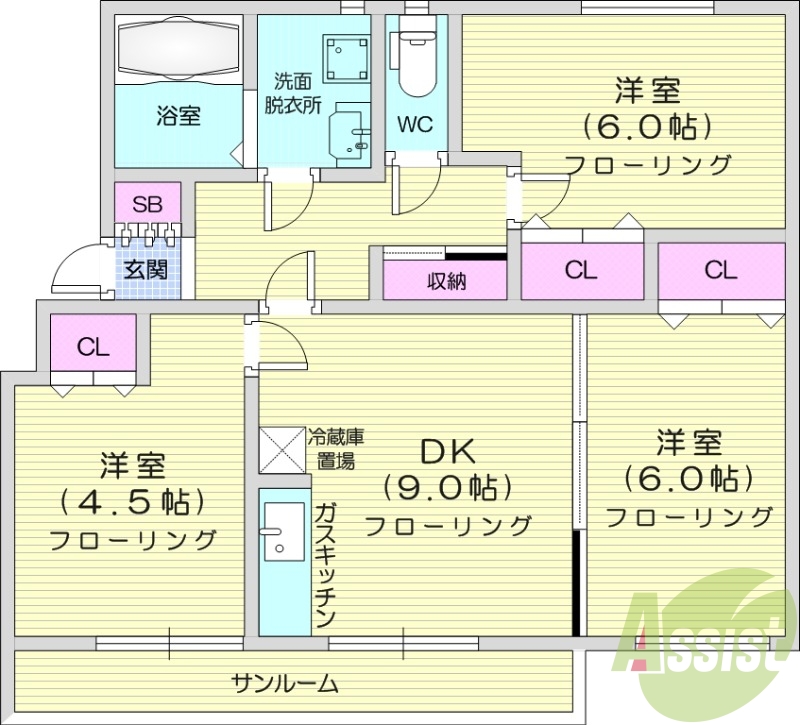 3DK、灯油給湯、独立洗面台、サンルーム