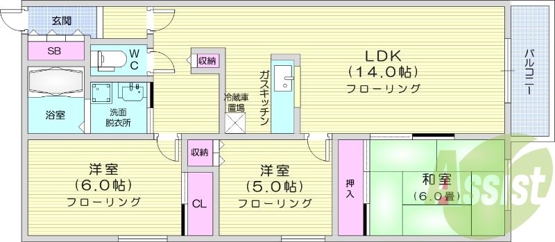 3LDK、エアコン、独立洗面台、バルコニー