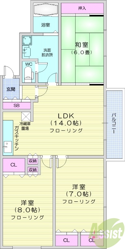 3LDK、エアコン、独立洗面台、バルコニー