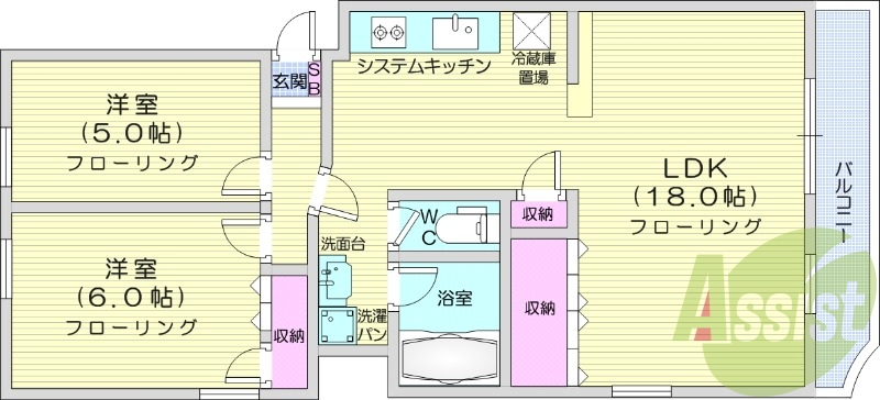 2LDK、追い焚き、システムキッチン、独立洗面台