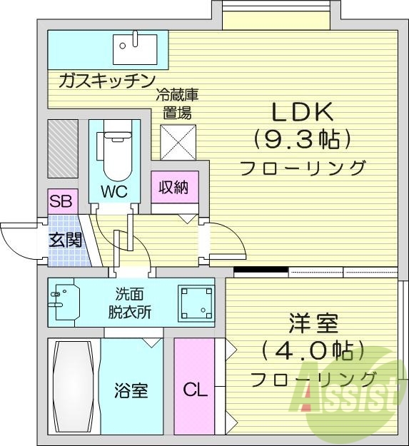 1LDK、独立洗面台、シューズボックス、防犯カメラ