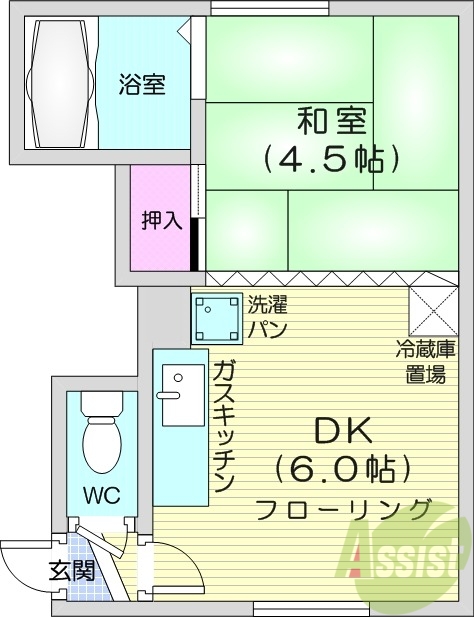 1DK、バストイレ別、都市ガス物件、シューズボックス