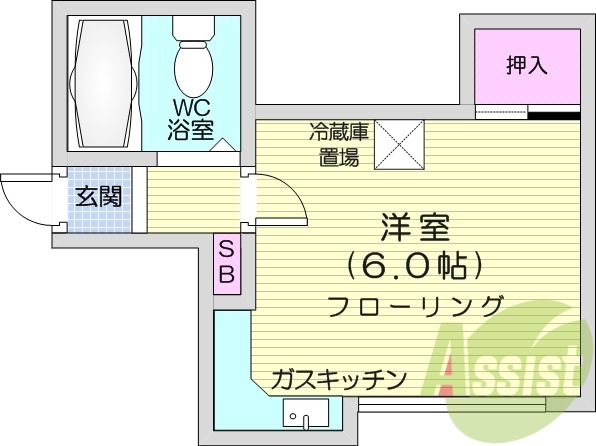 1R、都市ガス物件、押入、キッチン