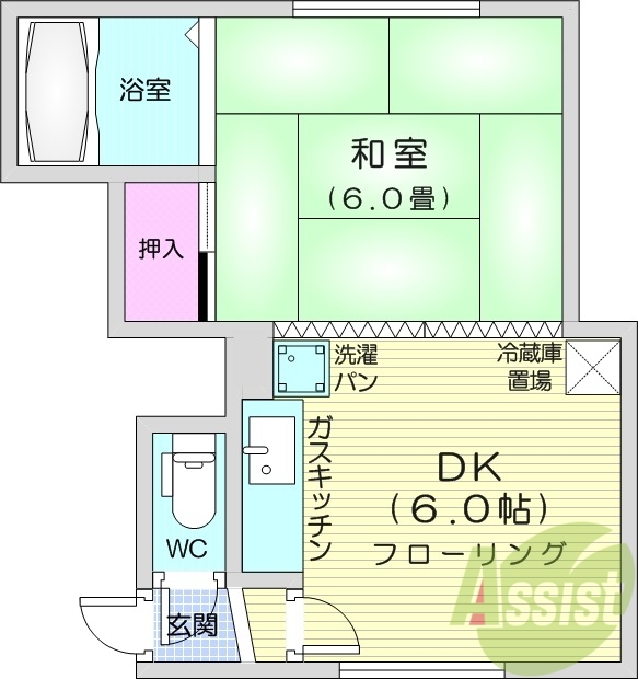 1DK、バストイレ別、都市ガス物件、シューズボックス