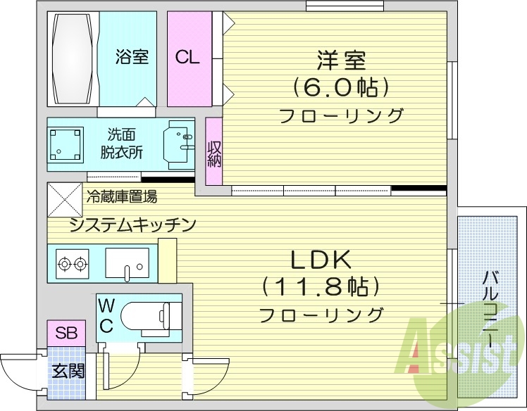 1LDK、エアコン、バルコニー、システムキッチン、独立洗面台