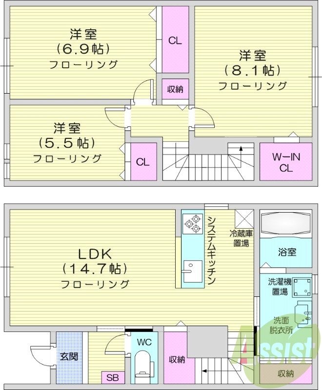 3LDK、追い焚き、エアコン、システムキッチン