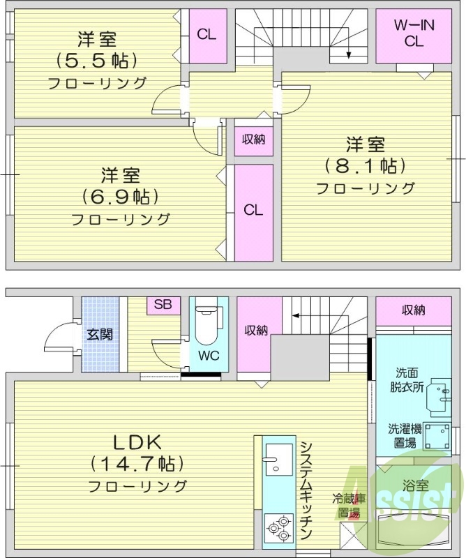 3LDK、追い焚き、エアコン、システムキッチン
