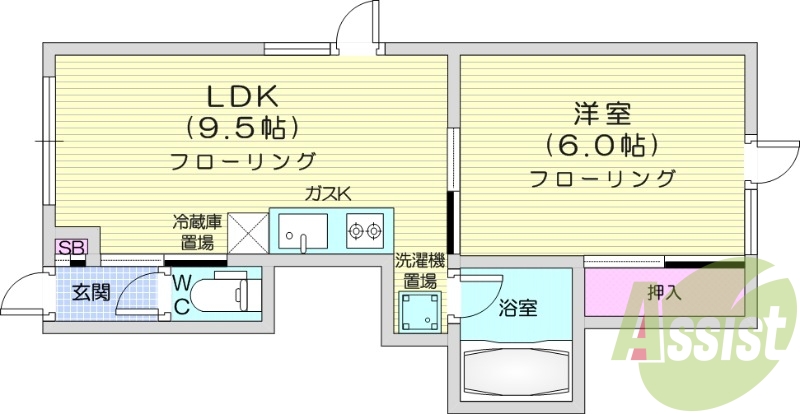 1DK、都市ガス、バス・トイレ別、シャワートイレ