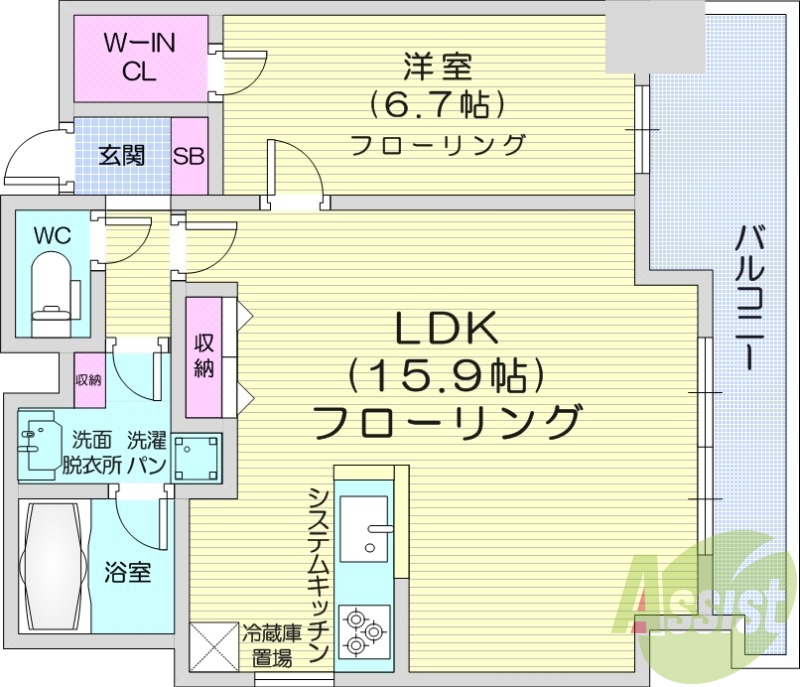 1LDK、都市ガス、システムキッチン、浴室乾燥機
