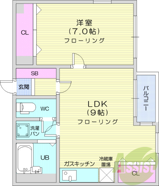 １LDK　ユニットバス、クローゼット、バルコニー