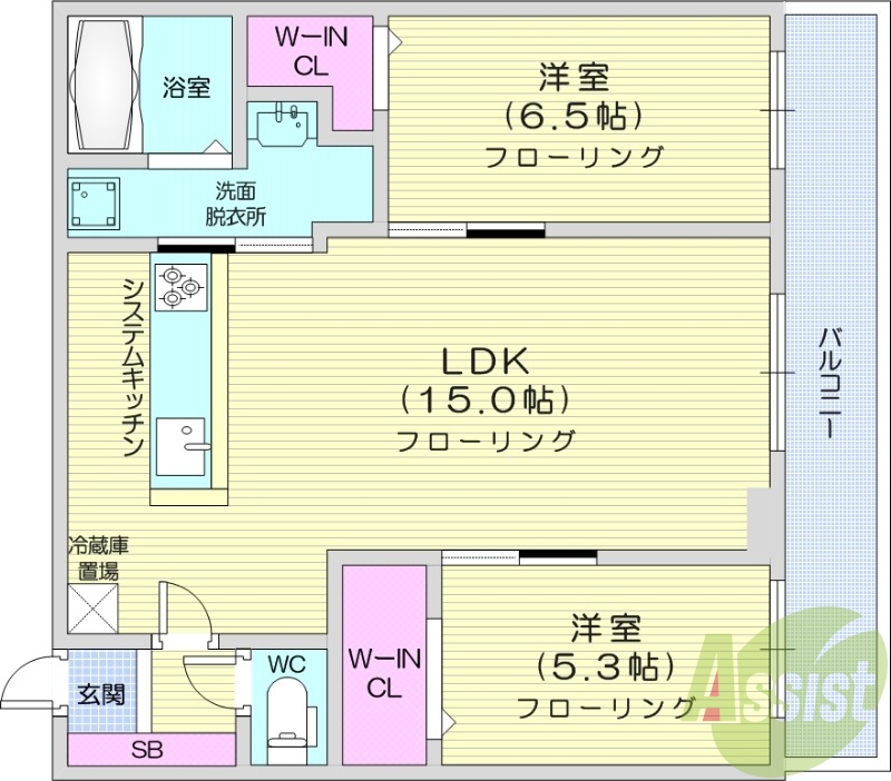 2LDK、都市ガス、エアコン、システムキッチン