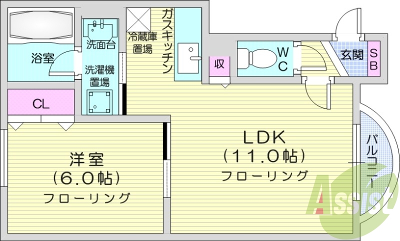 1LDK、モニタ付インターホン、灯油暖房、バルコニー