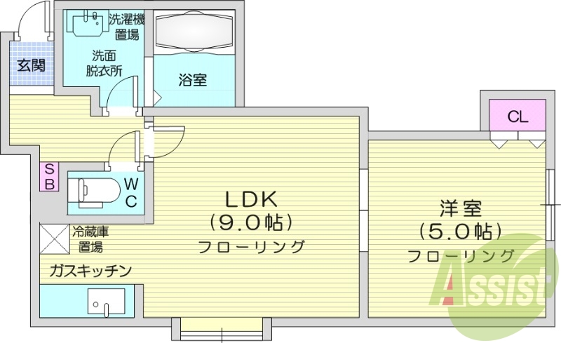 1LDK、独立洗面台、トランクルーム、モニタ付きインターホン