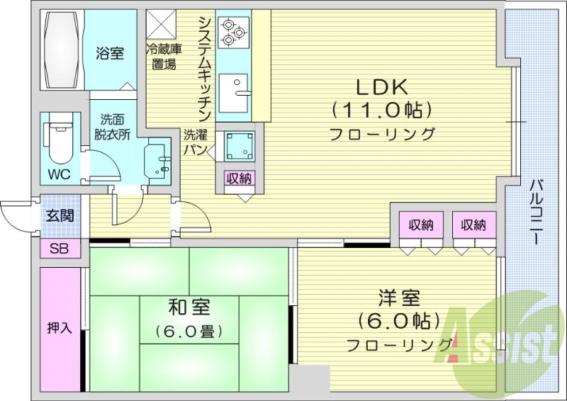 2LDK、灯油暖房、独立洗面台、オートロック