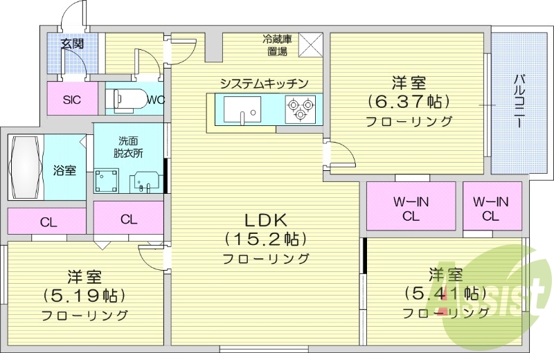 3LDK、都市ガス、エアコン、システムキッチン、追い焚き