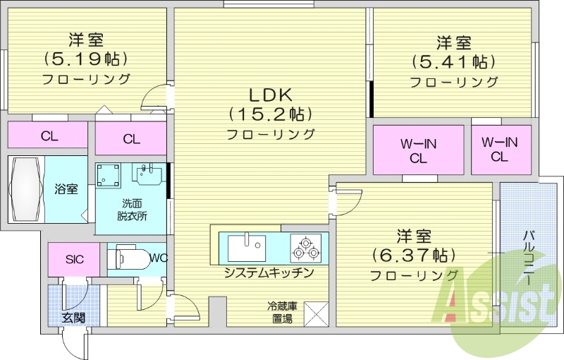 3LDK、都市ガス、エアコン、システムキッチン、追い焚き