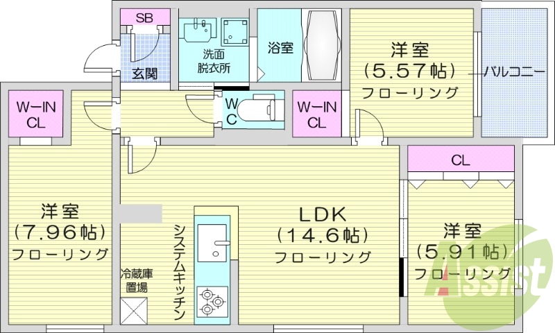 3LDK、都市ガス、エアコン、システムキッチン、追い焚き