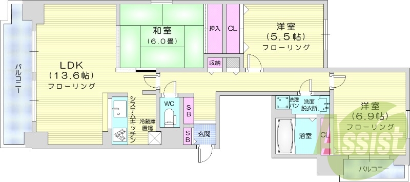 3LDK、クローゼット、洗面脱衣所、システムキッチン