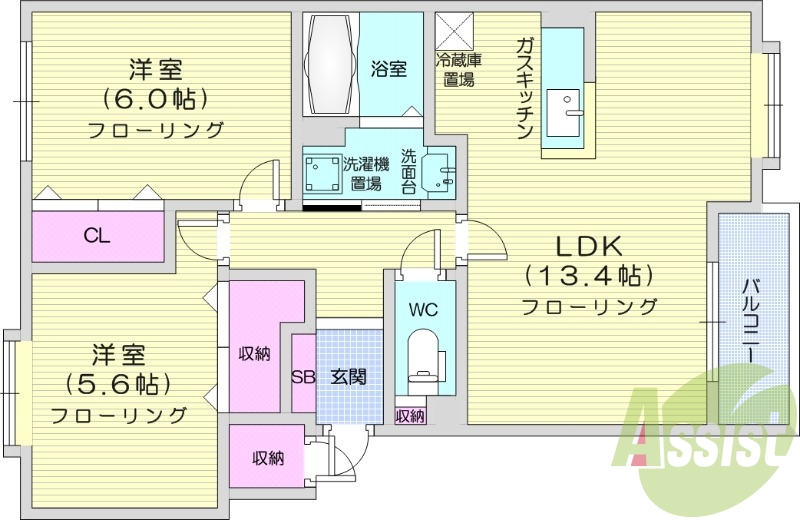 2LDK、灯油暖房、収納、独立洗面台、室内洗濯機置場