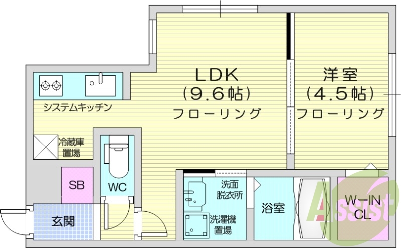1LDK、浴室乾燥機、エアコン、システムキッチン