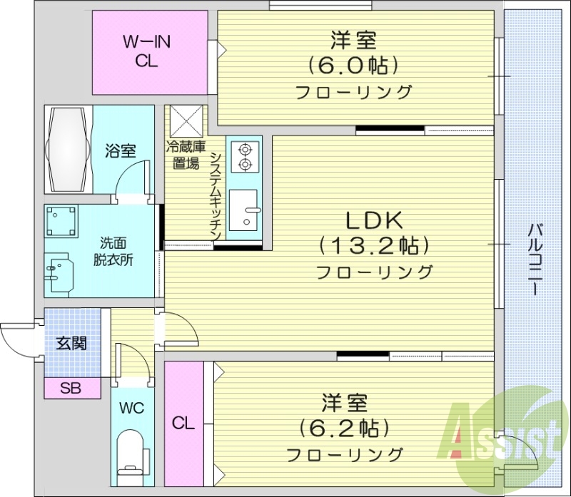 2LDK、オートロック、エアコン、カウンターキッチン