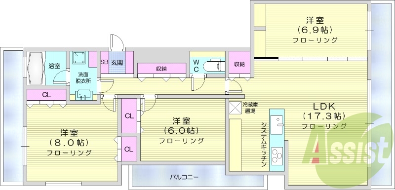 3LDK、都市ガス、分譲、システムキッチン