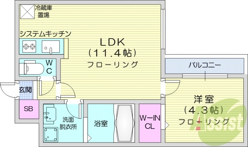 1LDK、都市ガス、エアコン、システムキッチン