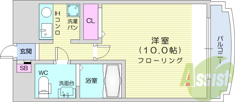 1K、都市ガス、バストイレ別、オートロック