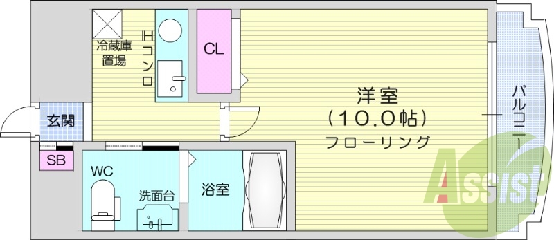1K、都市ガス、バストイレ別、オートロック