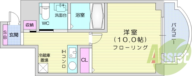 1K、都市ガス、バストイレ別、オートロック