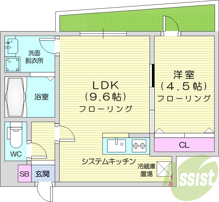 1LDK、エアコン、浴室乾燥機、システムキッチン