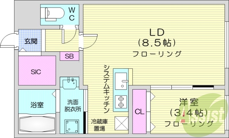 1LDK、エアコン、都市ガス、ネット無料