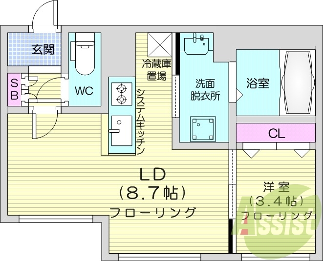 1LDK、エアコン、都市ガス、ネット無料