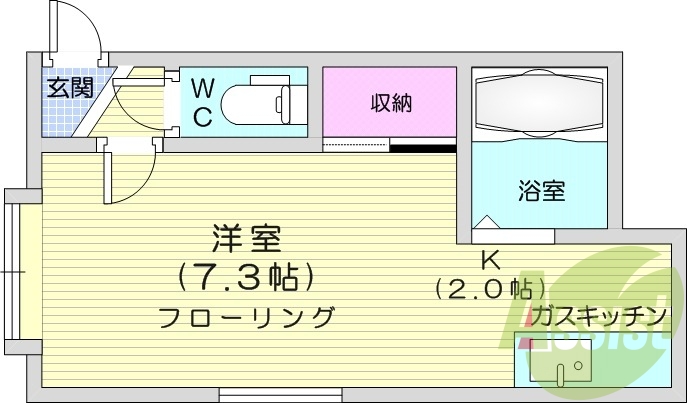 1K、ガス暖房、風呂トイレ別、ネット使用料不要
