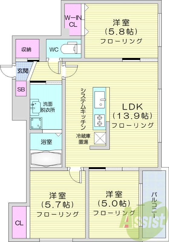 3LDK、エアコン、システムキッチン、独立洗面台、浴室乾燥機