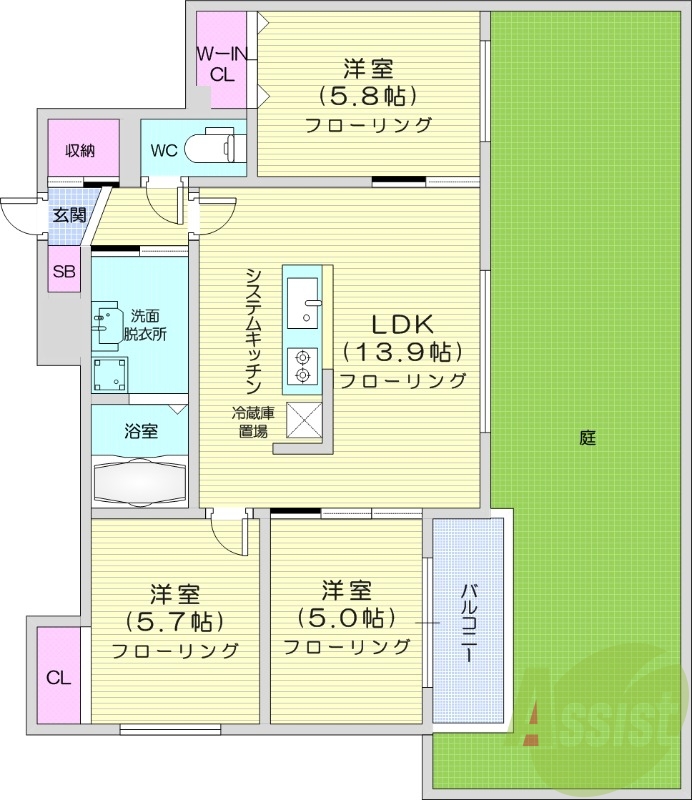 3LDK、エアコン、システムキッチン、独立洗面台、浴室乾燥機