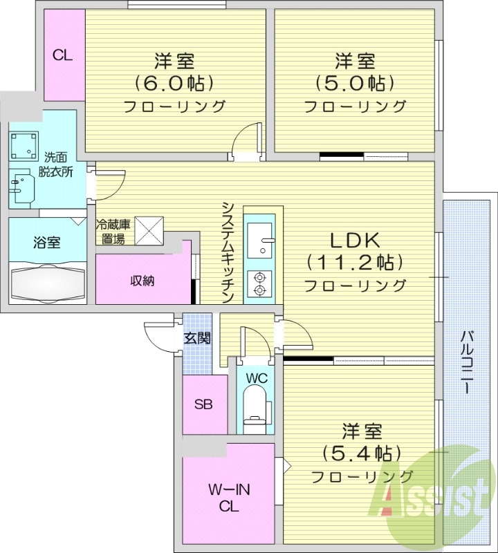 3LDK、エアコン、システムキッチン、独立洗面台、浴室乾燥機