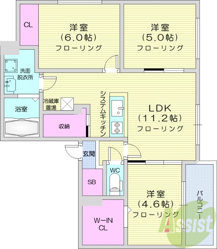 3LDK、エアコン、システムキッチン、独立洗面台、浴室乾燥機
