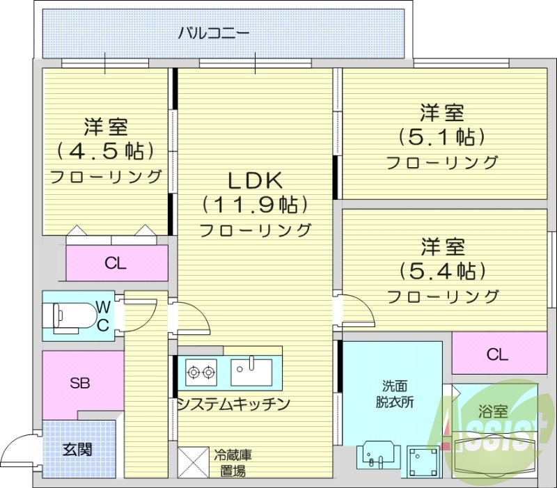 3LDK、エアコン、システムキッチン、独立洗面台、浴室乾燥機