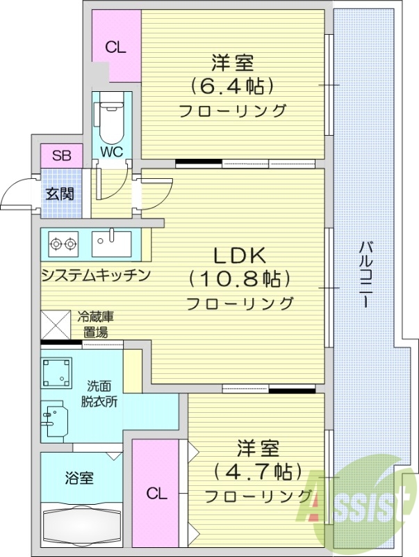 2LDK、エアコン、システムキッチン、独立洗面台、浴室乾燥機