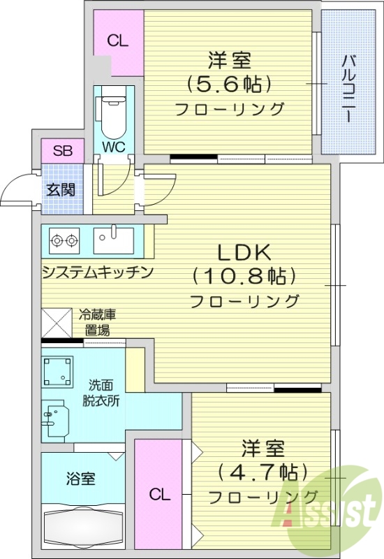 2LDK、エアコン、システムキッチン、独立洗面台、浴室乾燥機