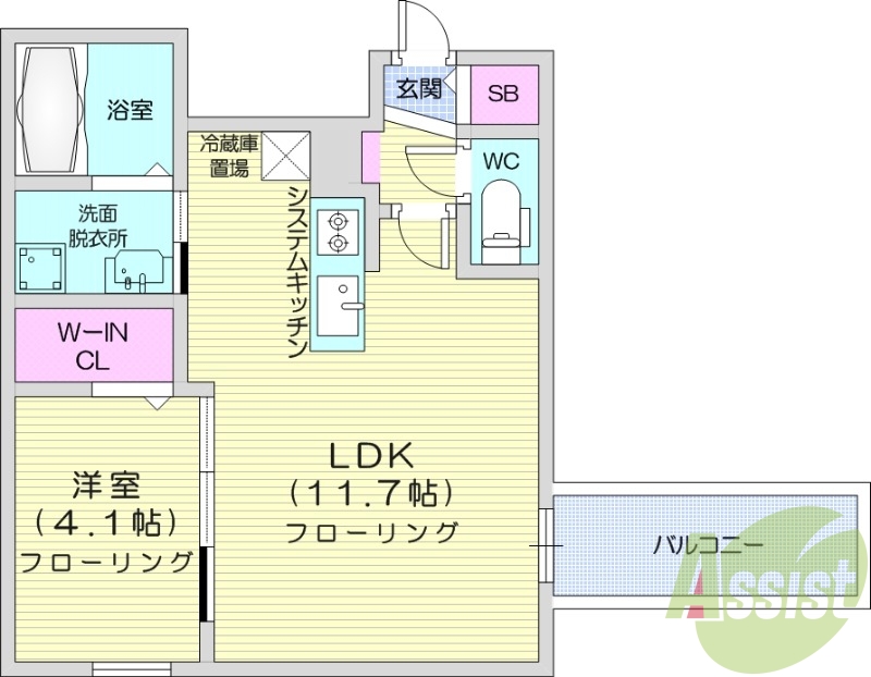 1LDK、エアコン、ネット無料、システムキッチン