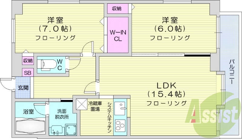 2LDK、灯油暖房、ネット無料、システムキッチン