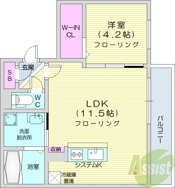 1LDK、エアコン、ネット無料、システムキッチン