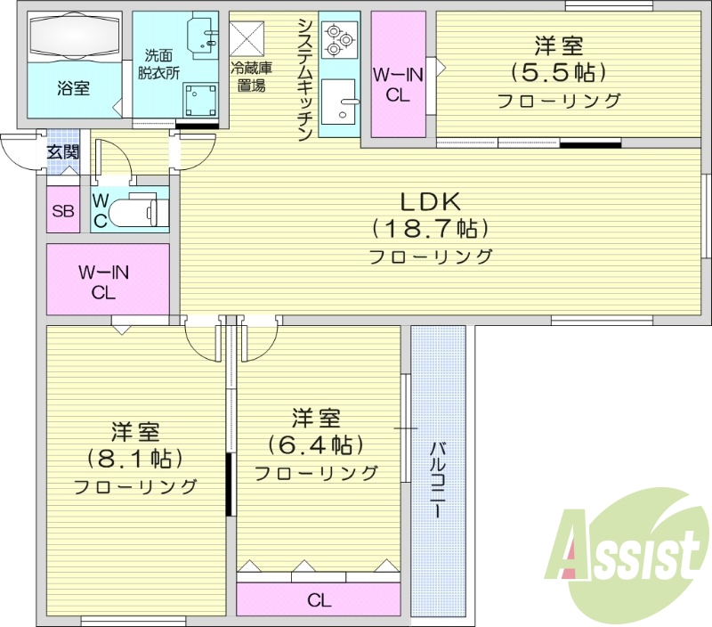 3LDK、エアコン、ペット可、システムキッチン
