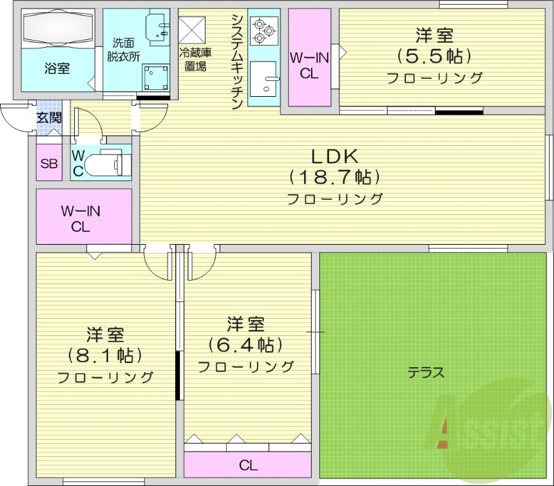3LDK、エアコン、ペット可、システムキッチン