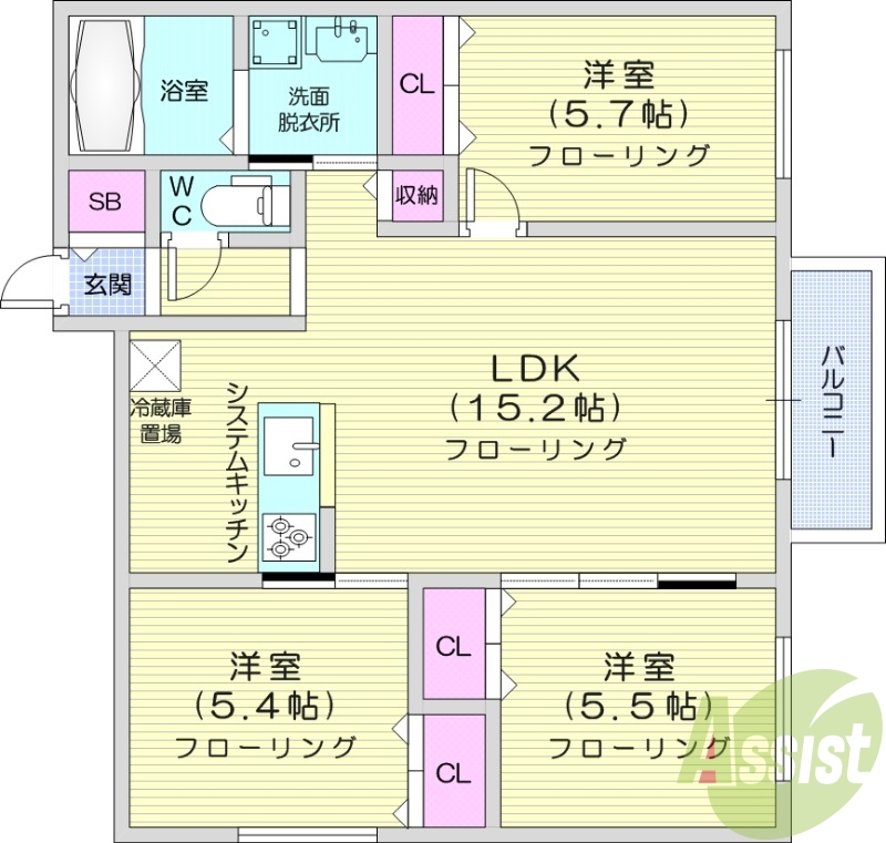 3LDK、都市ガス、エアコン、追い焚き、浴室乾燥機