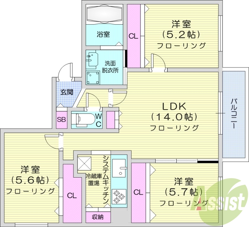 3LDK、都市ガス、エアコン、追い焚き、浴室乾燥機