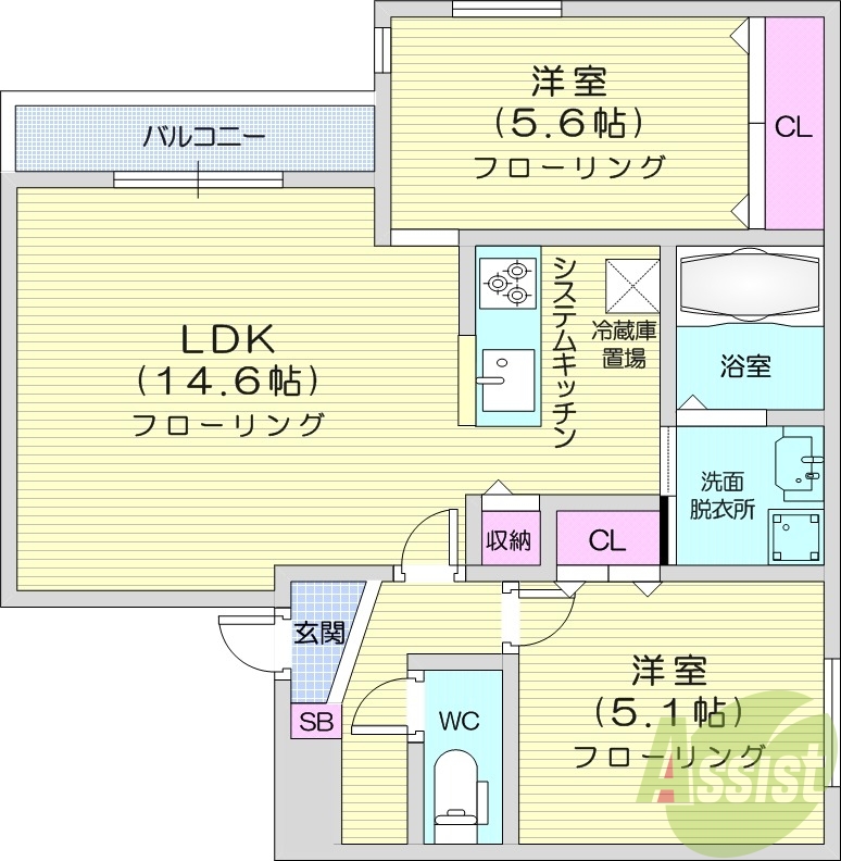 2LDK、都市ガス、エアコン、追い焚き、浴室乾燥機
